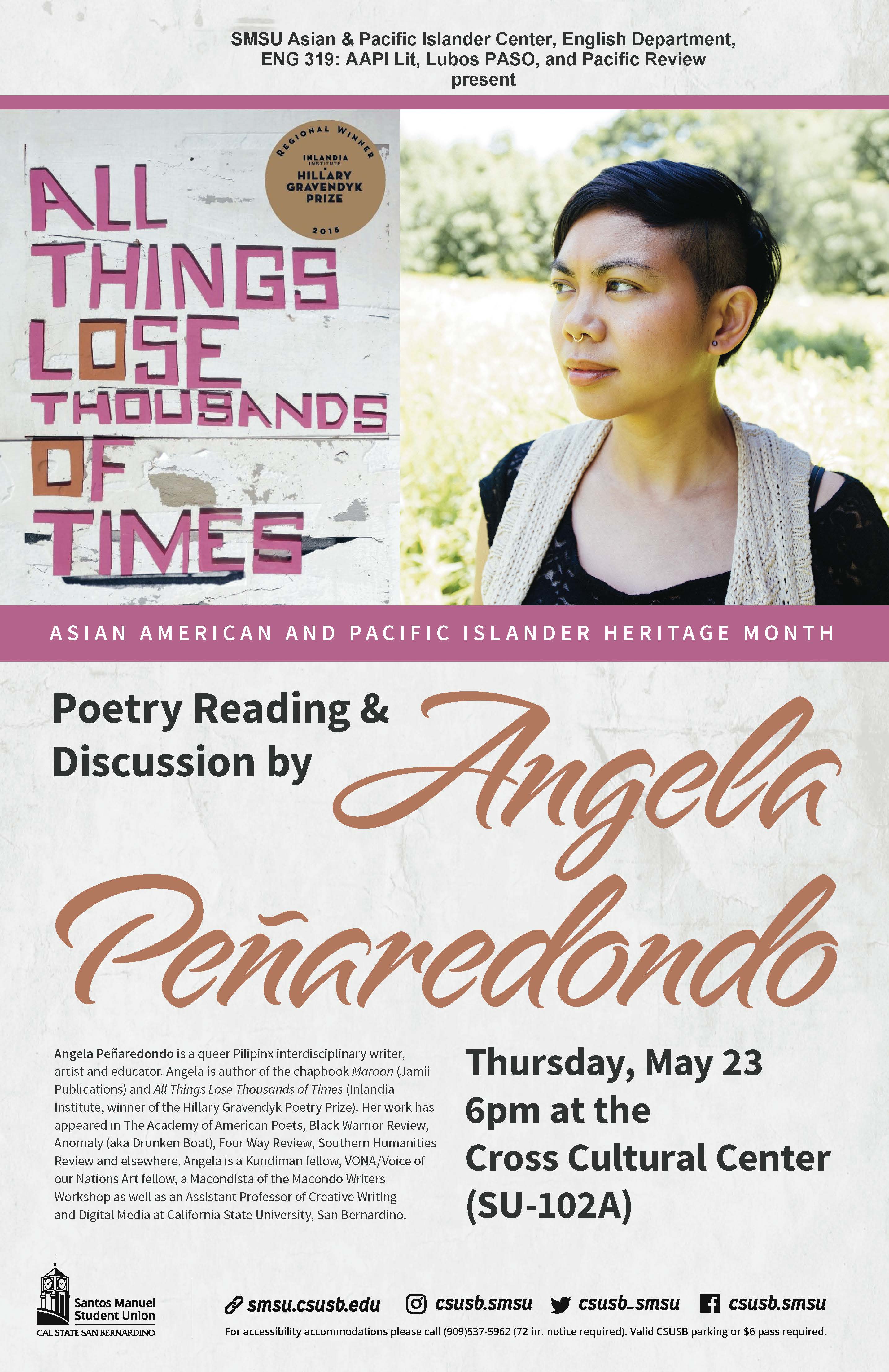 Poetry reading and discussion with Angela Peñaredondo, writer, artist and CSUSB professor