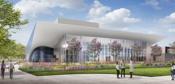 artist rendering of the Performing Arts Building Project from the flag pole area, people, trees, 