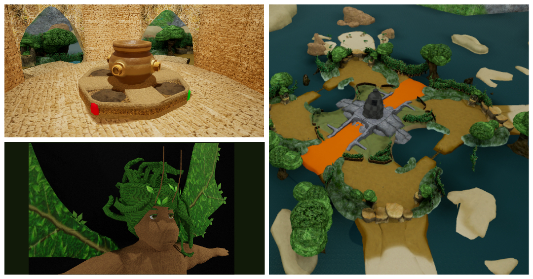 Reconnections concept art showing a temple object, the island guardian and the map of the island