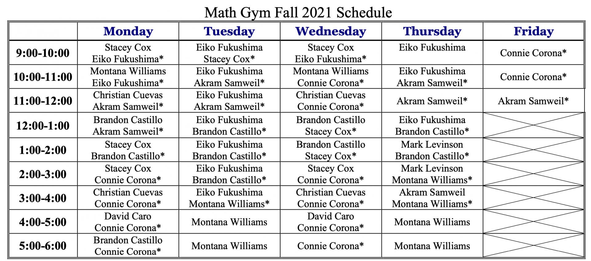 Math Gym Schedule