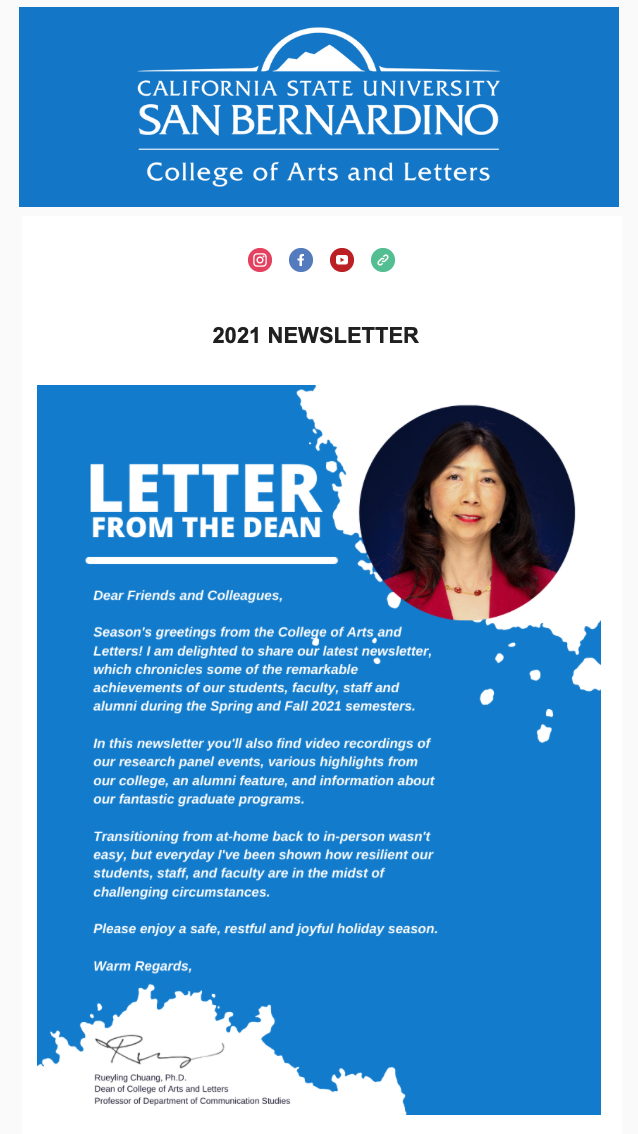 Front page of 2021 Newsletter with a message from the Dean
