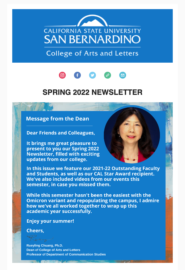 Front page of Spring 2022 Newsletter with a message from the Dean