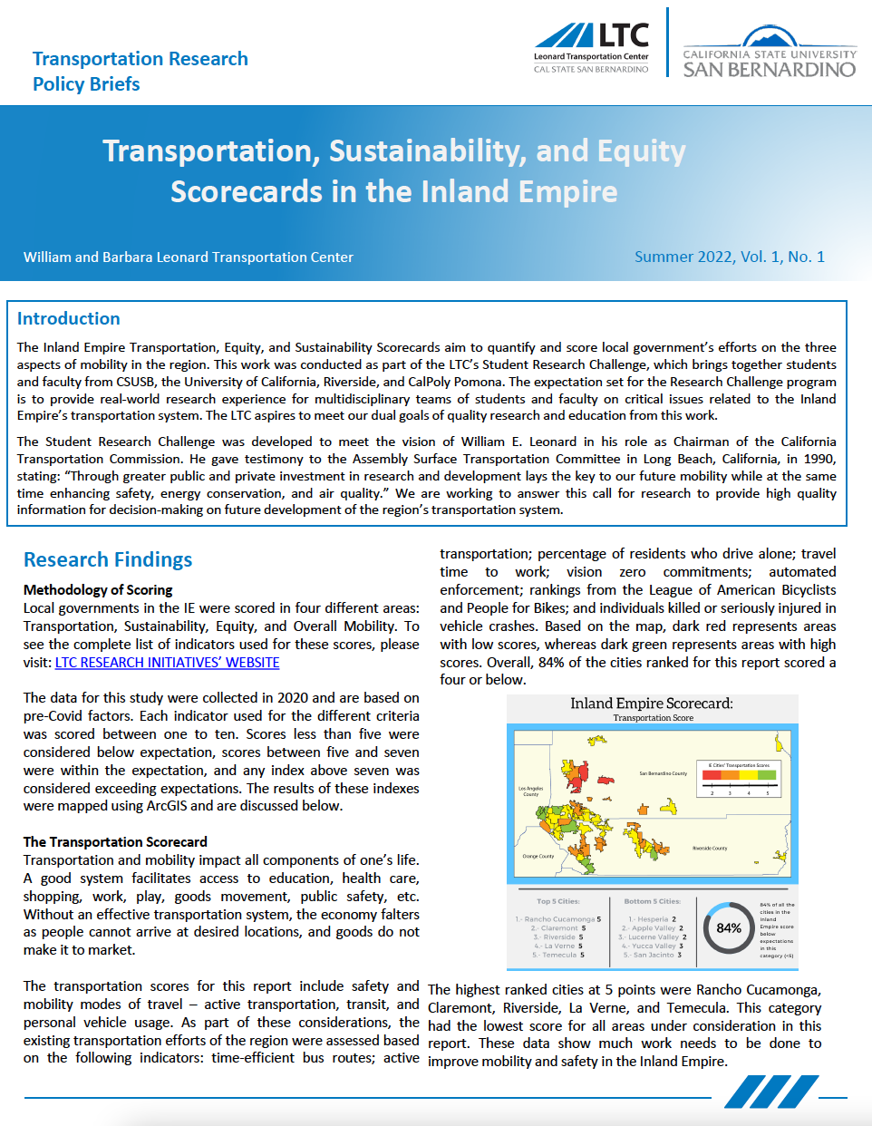 Transportation, Sustainability, and Equity Scorecards in the Inland Empire