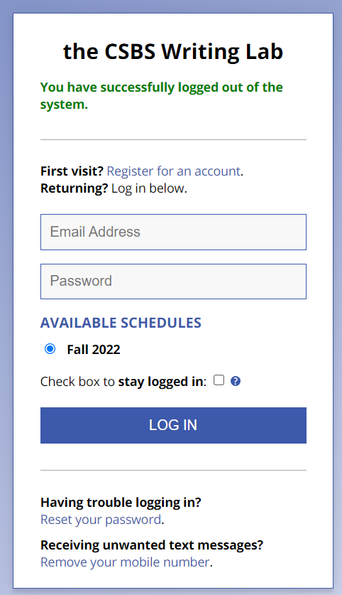 Login screen for Writing Lab
