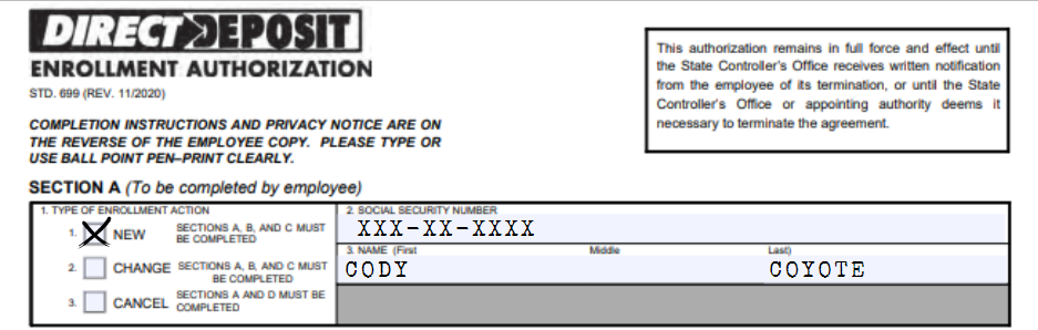 direct deposit form example