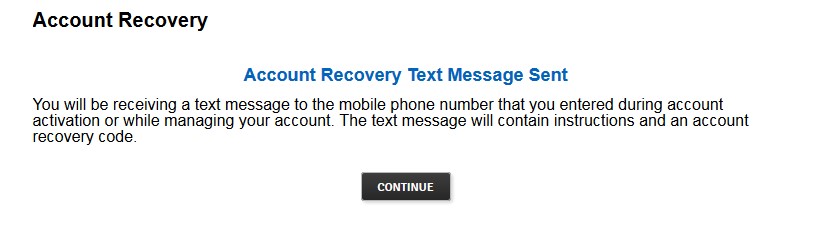 Screenshot of account recovery by text message