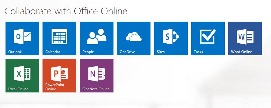 Screenshot of office 365 Applications