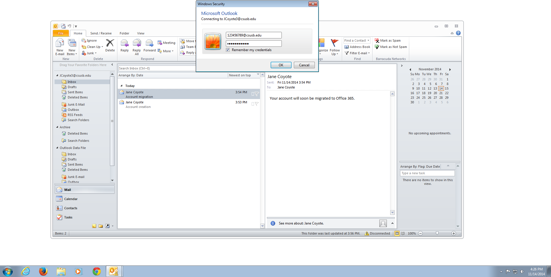 Screenshot of outlook redirection to different server