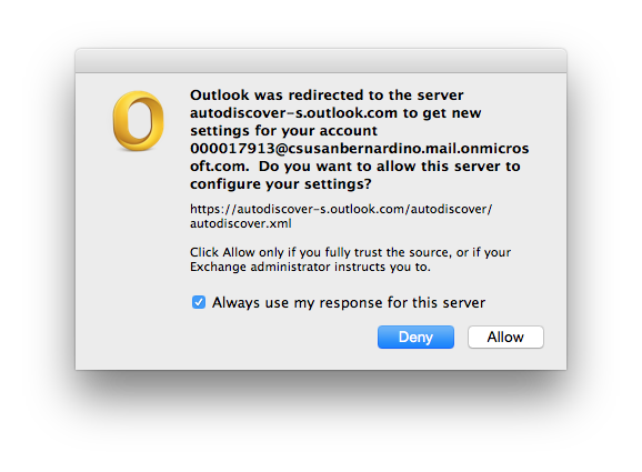 Screenshot of outlook redirection