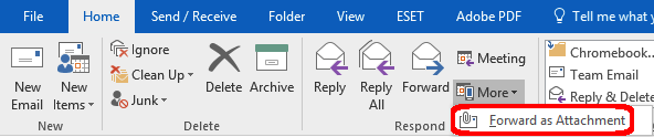 Screenshot of the Forward as attachment option in outlook 2016