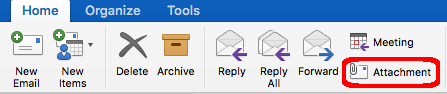 Screenshot of the attachment option in outlook 2016 MAC