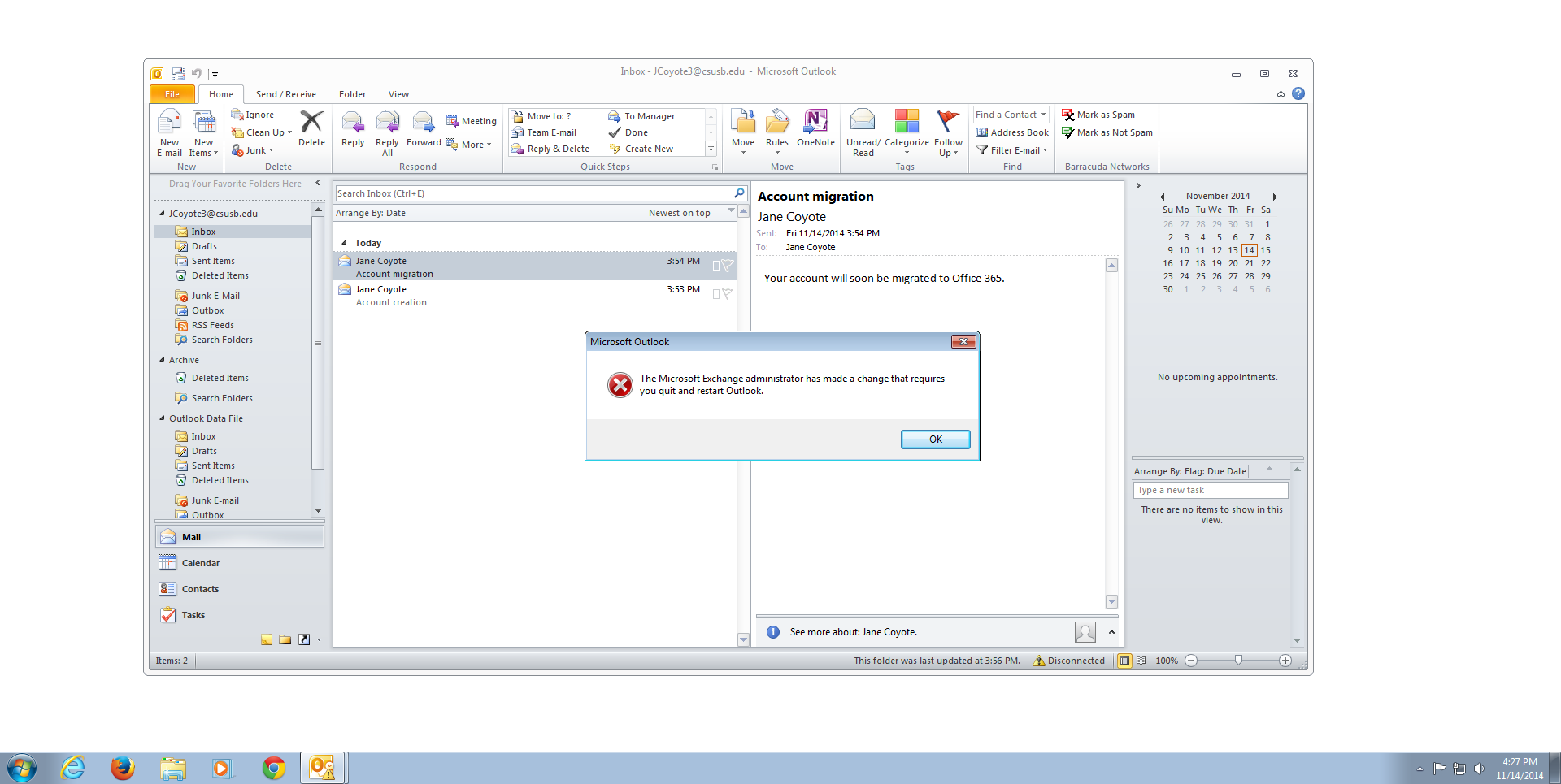 Screenshot of the outlook restart warning dialog box