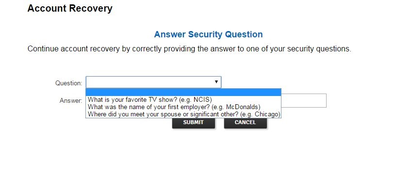 Screenshot of account recovery by answering security questions