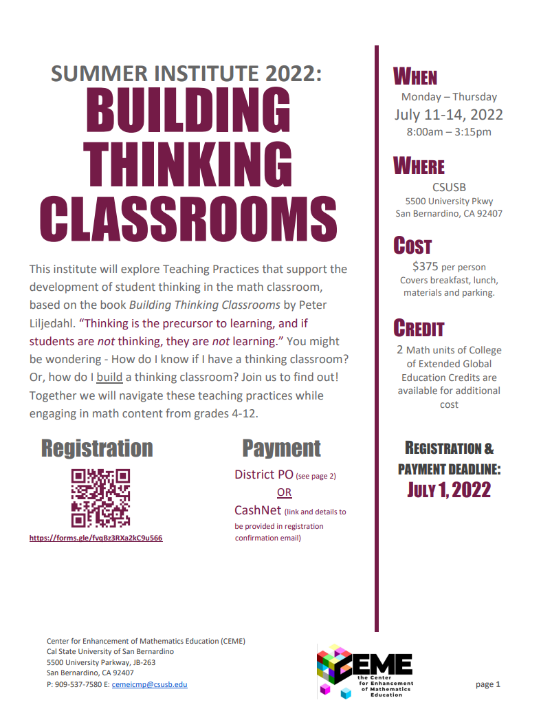Flyer for the Building Thinking Classroom. 
