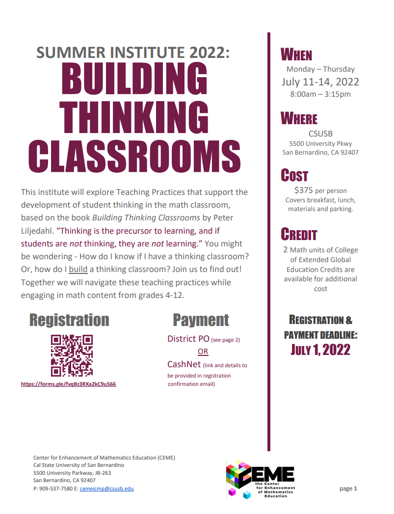 Flyer for the Building Thinking Classroom.