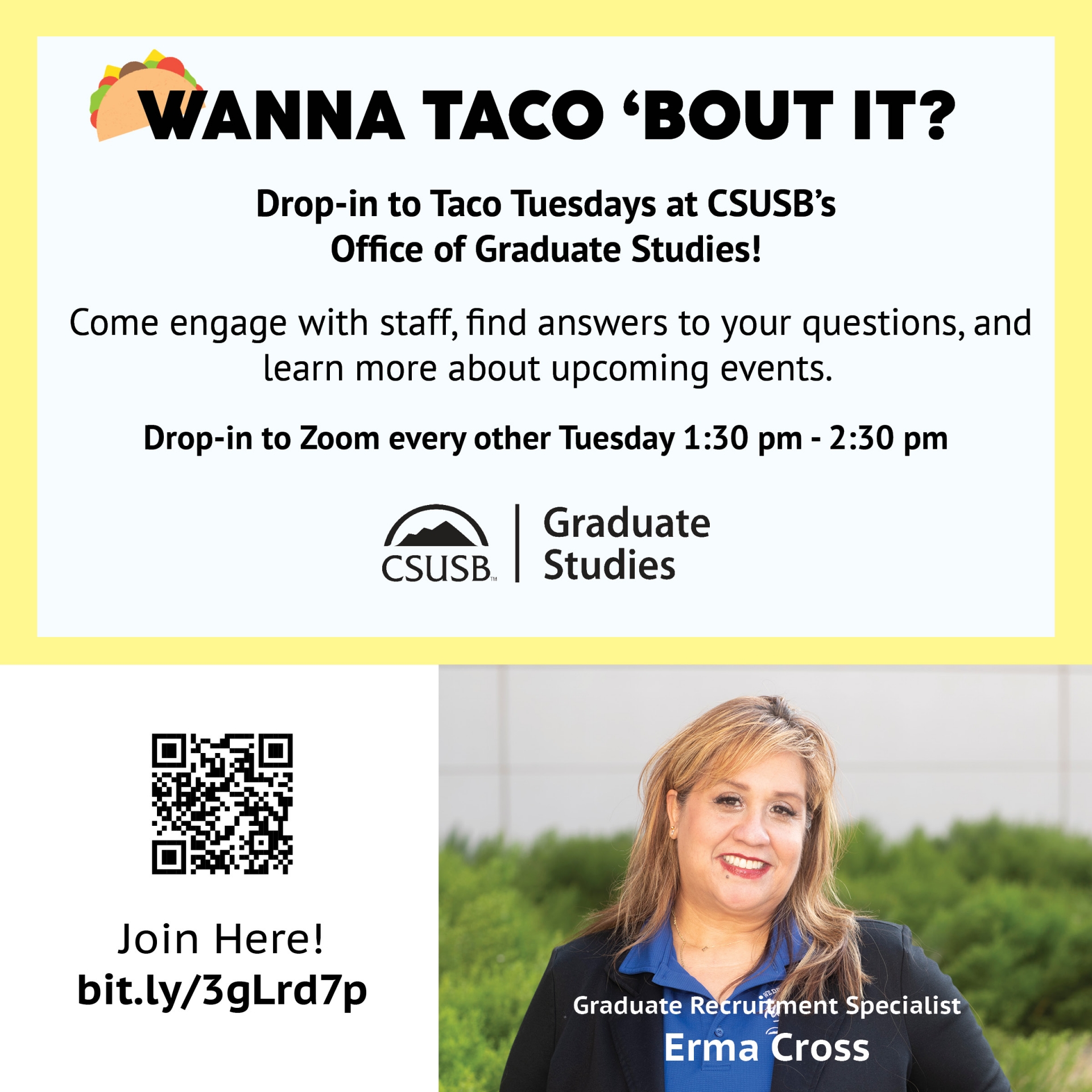 Taco Tuesday drop-in session. Scan QR code to join