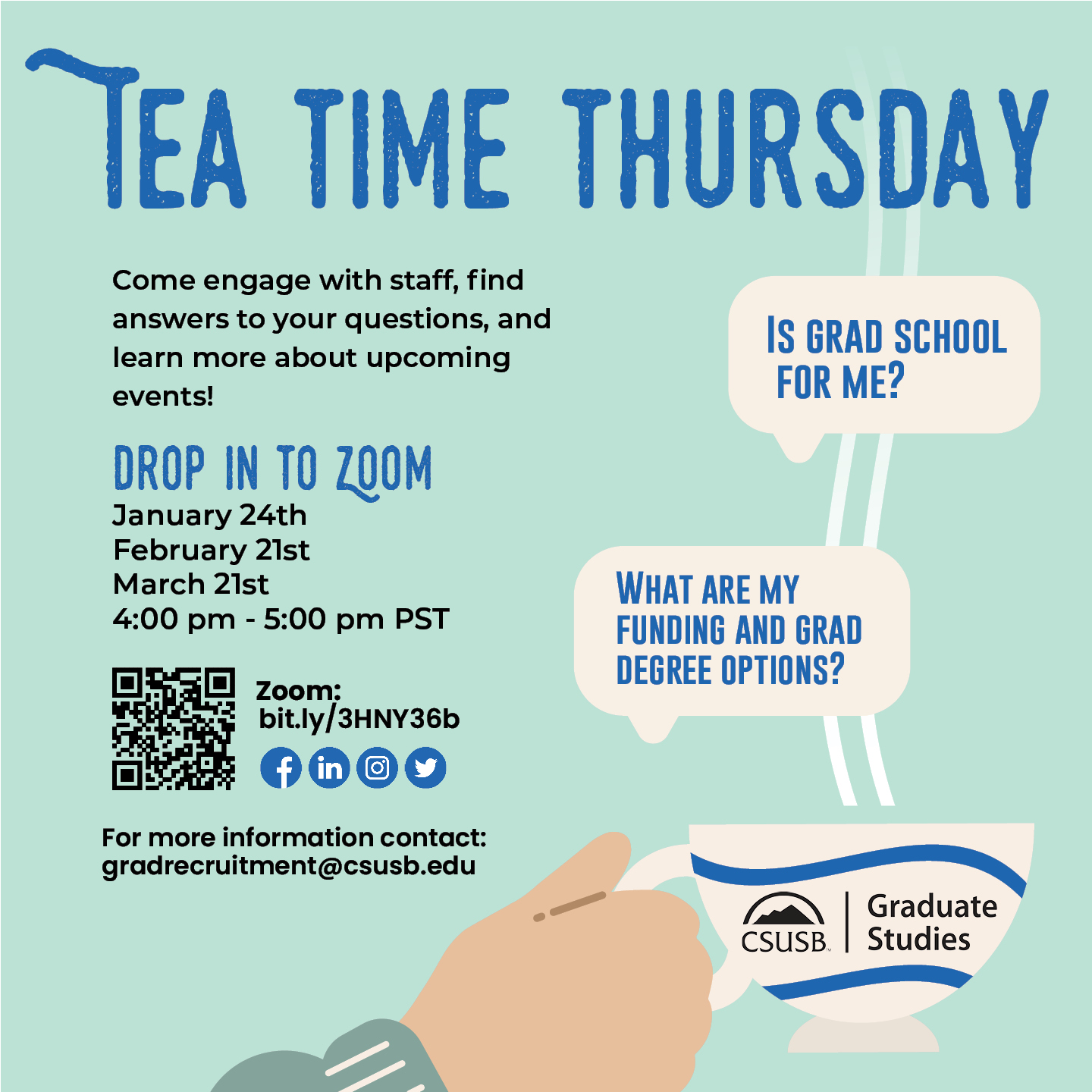 Tea Time Thursday drop-in session. Scan QR code to join
