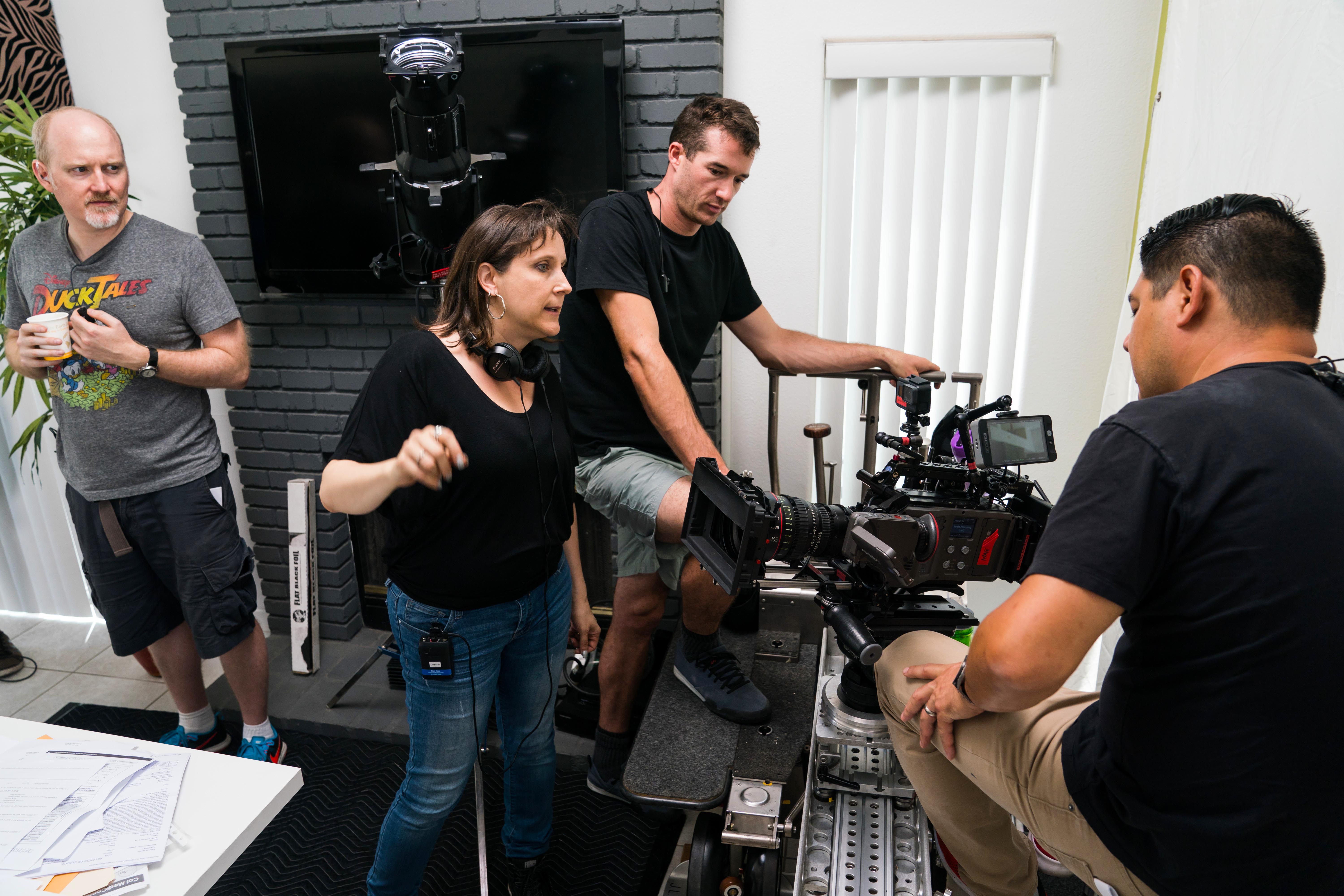 Lane Shefter Bishop (center, with the headphones) on the set of “The Personal Trainer. Photo: Ashly Covington 