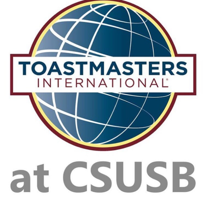 Icon of a globe with text: Toastmasters International at CSUSB
