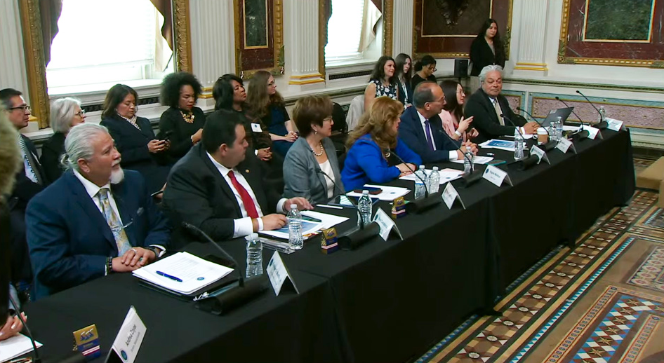 Enrique Murillo Jr., at far left, and other members of the President’s Advisory Commission on Advancing Educational Equity, Excellence, and Economic Opportunity for Hispanics, at the commission’s inaugural meeting at the White House on May 10.