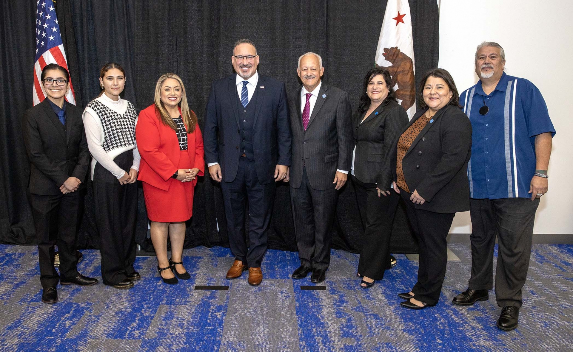 CSUSB ASI President Paola Galvez, CSUSB ASI Director External Affairs Clarixza Gonzales, CSUSB Vice President Student Affairs Paz Olivérez, Secretary of Education Miguel Cardona, CSUSB President Tomás D. Morales, CSUSB Associate Vice President Government & Community Relations Marisa Yeager, CSUSB Associate Director Government and Community Relations Maral Hernandez and CSUSB Teacher Education & Foundation Professor E