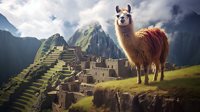 Llamas standing on hill overlooking Machu Picchu