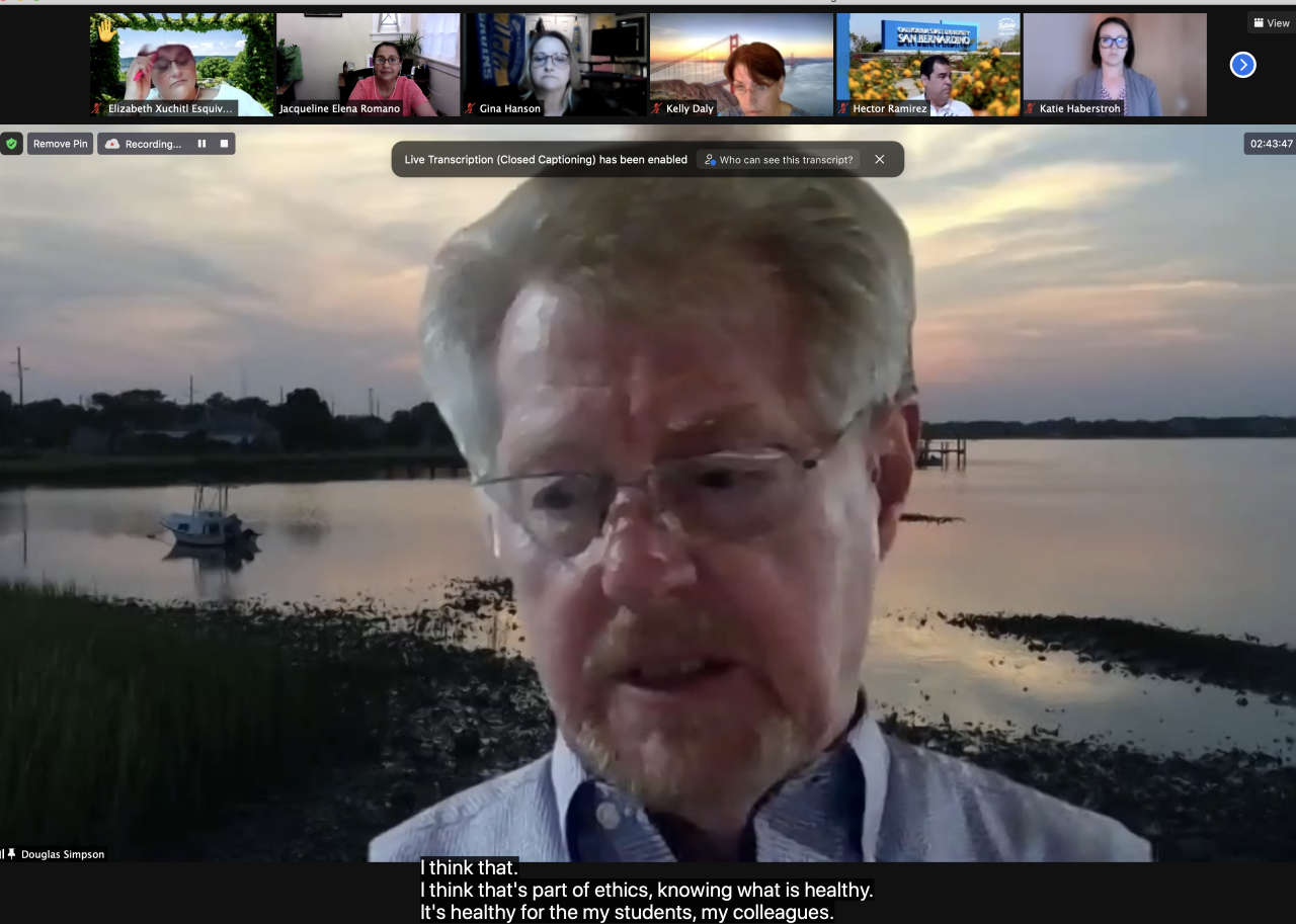 Douglas Simpson, author of “Ethical Dilemmas in Schools: Collaborative Inquiry, Decision-Making, and Action,” meets with student virtually for their Ethical Leadership and Decision-Making in Education course (EDUC 7908) on July 9.