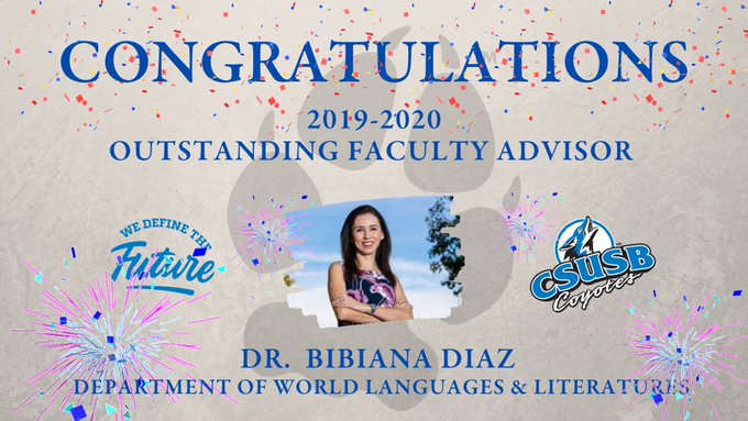 Graphic: Bibiana Díaz is the recipient of the 2019-20 Outstanding Faculty Advisor award.