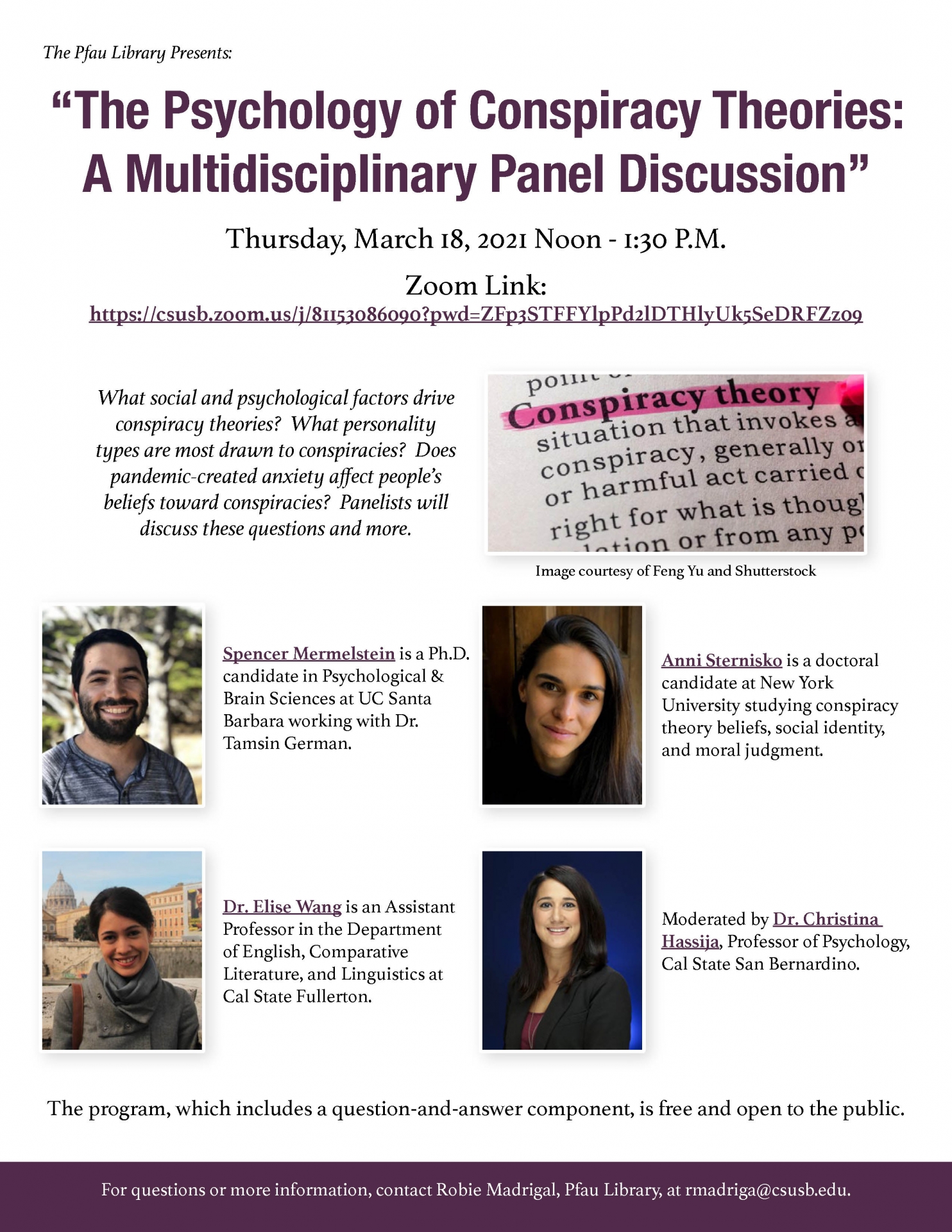 Web flyer for “The Psychology of Conspiracy Theories: A Multidisciplinary Panel Discussion” will 