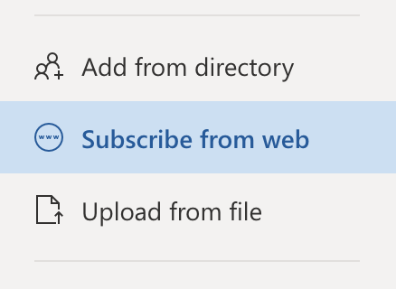 "Subscribe from web" location screenshot from Outlook Web App