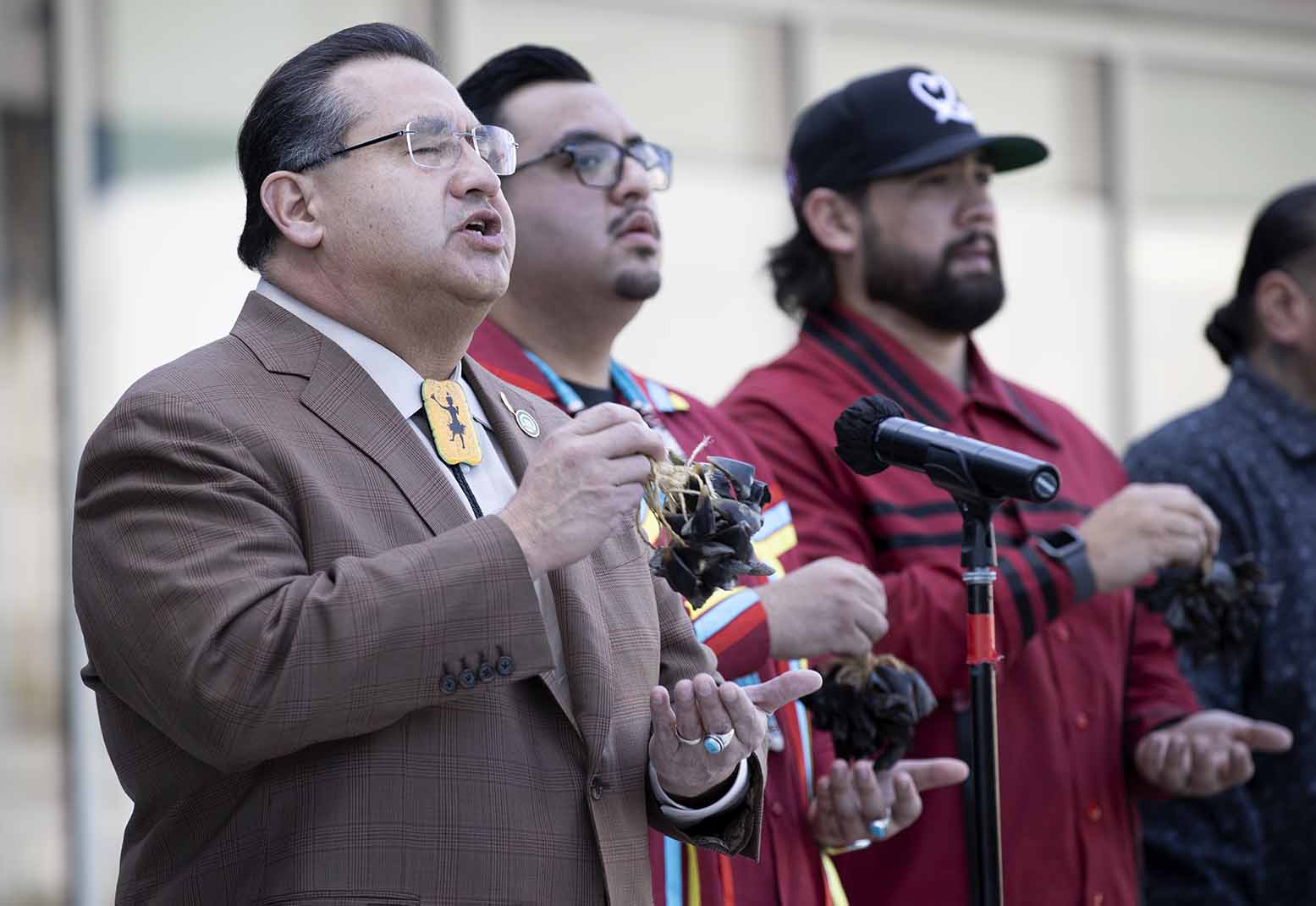 Assemblymember James Ramos (l), a CSUSB alumnus who is also a member of the San Manuel Band of Mission Indians and a great-great grandson of Santos Manuel, during an opening ceremony at the ground opening of the SMSU North.