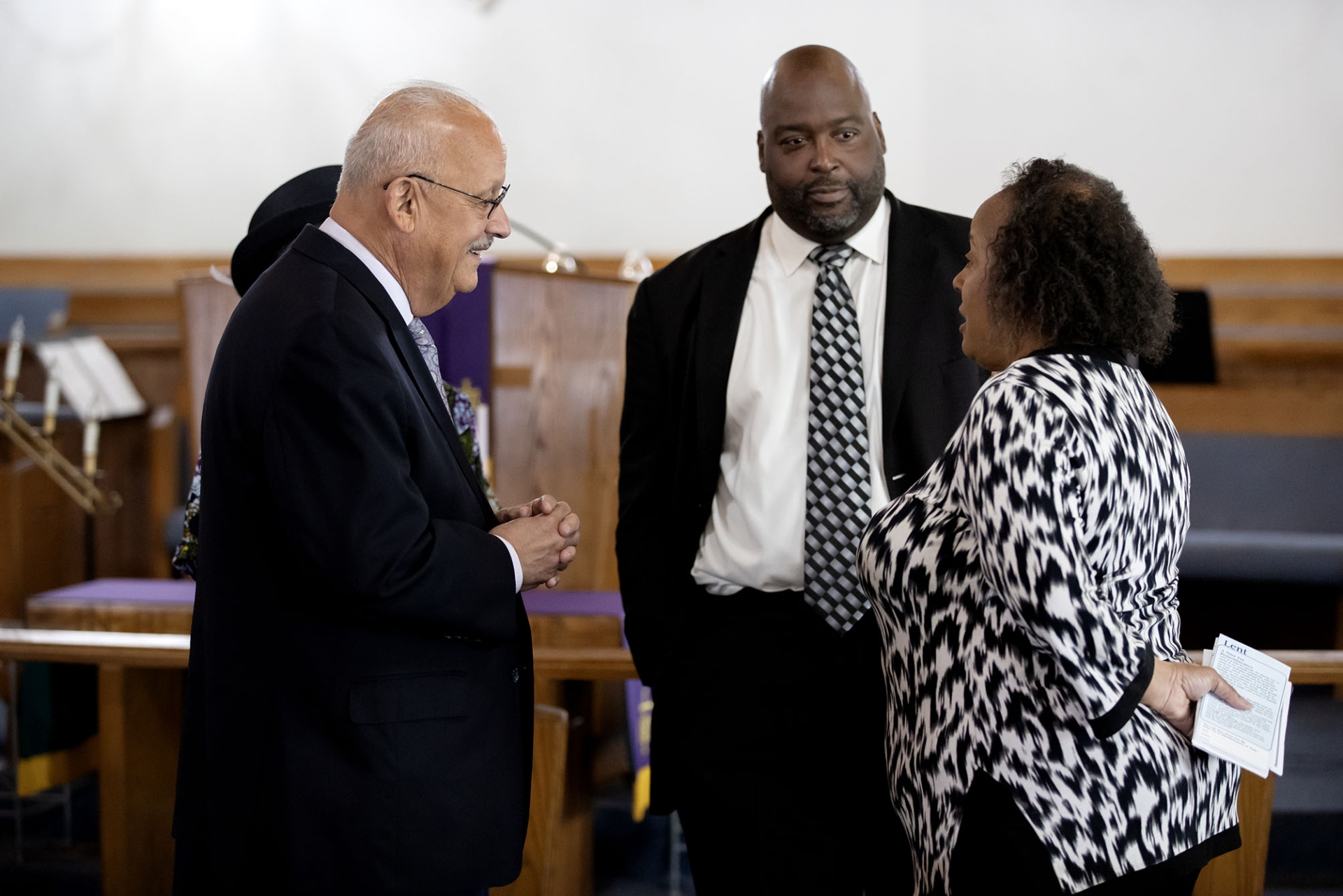 From left, CSUSB President Tomás D. Morales; Rev. Steven Shepard Sr., pastor of St. Paul A.M.E Church, and Lynn Brown-Summers, CSUSB alumnus ’23.