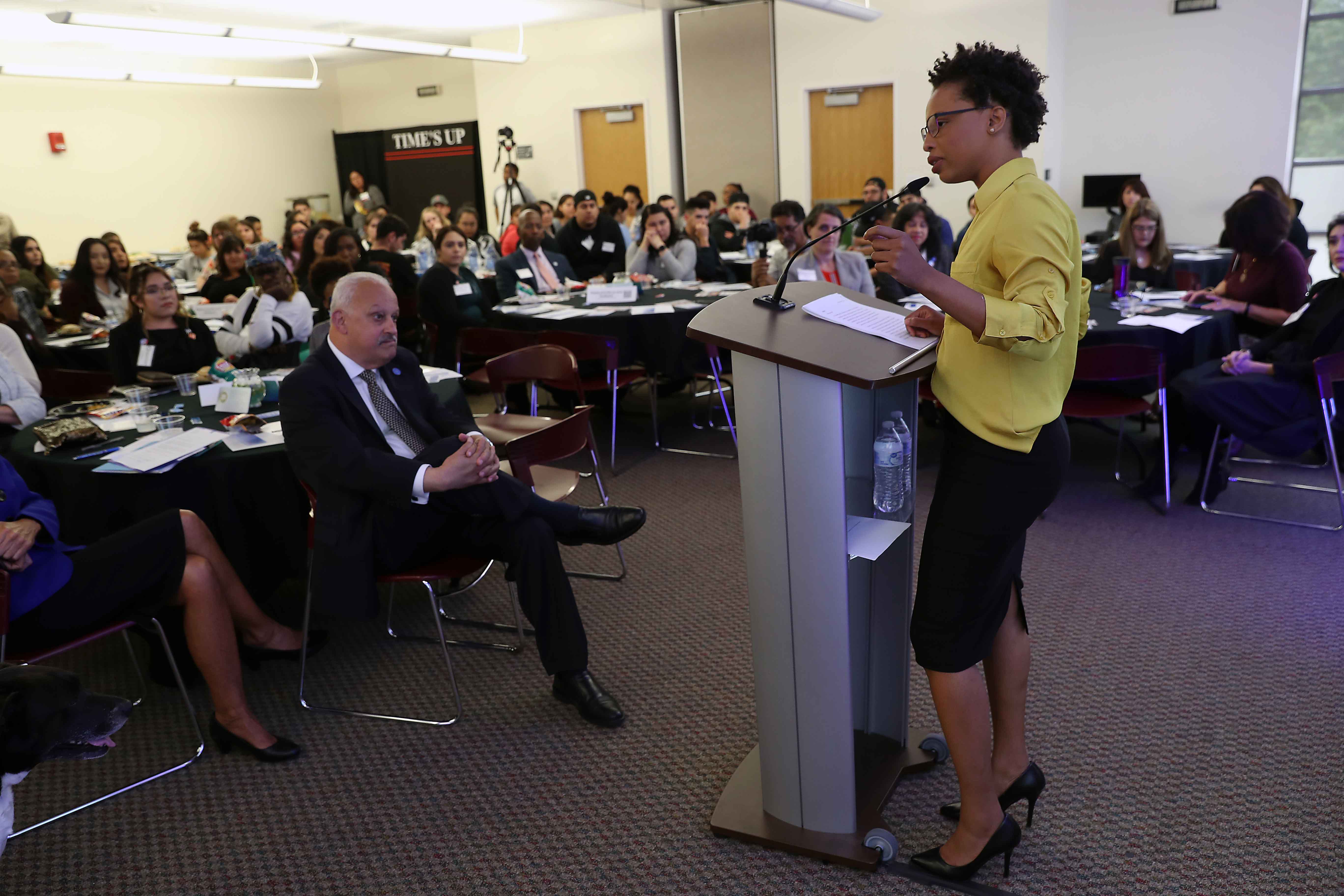 Monica Stockhausen, CEO of NerdyGirlsRock LLC, professor of business at Chaffey College in Rancho Cucamonga and CSUSB alumna, served as the guest speaker, focusing on localizing the 50/50 movement. 