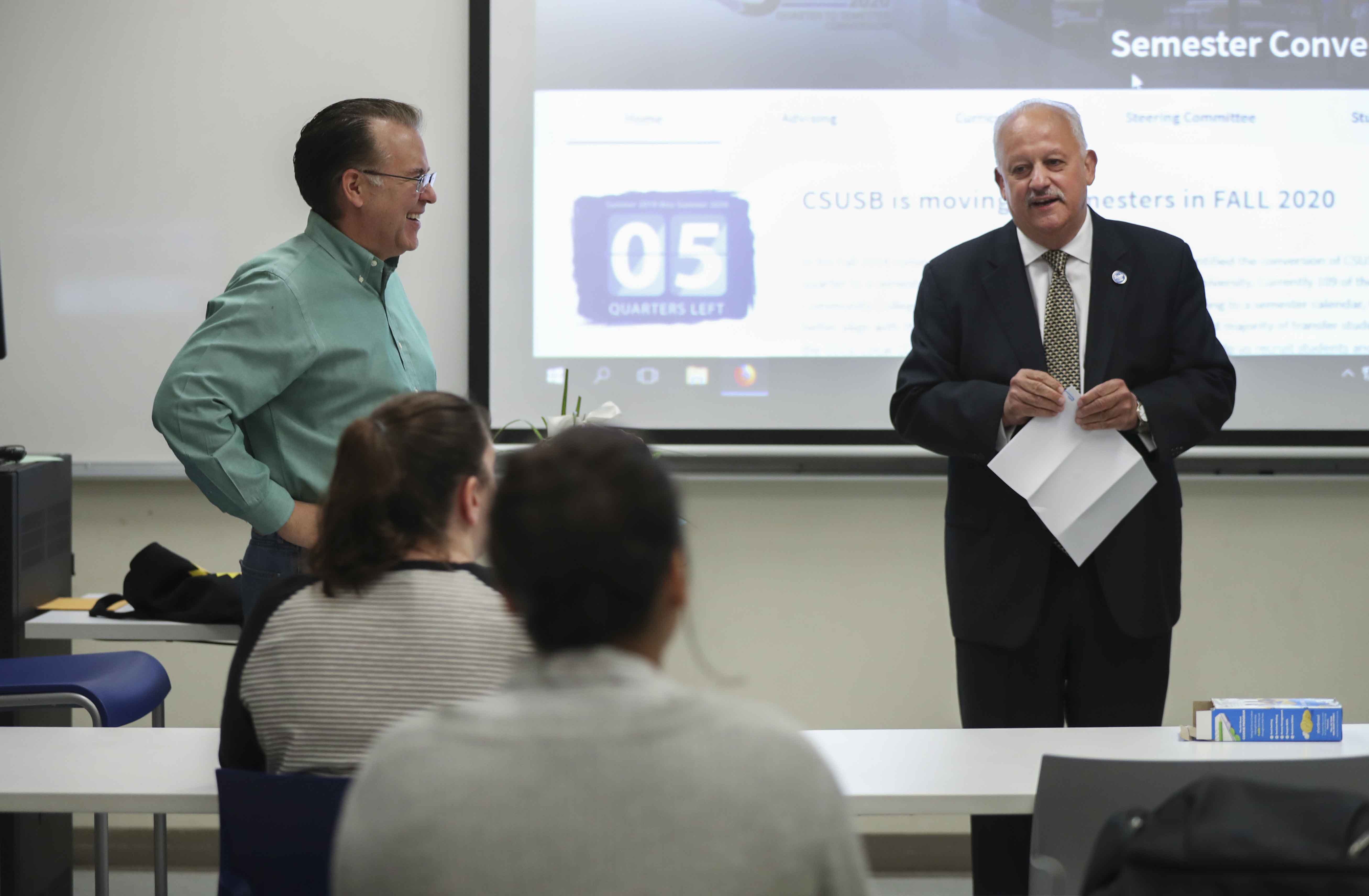 CSUSB President Tomás D. Morales led a group of about 30 faculty, staff and administrators to congratulate Long with the news during one of his classes.