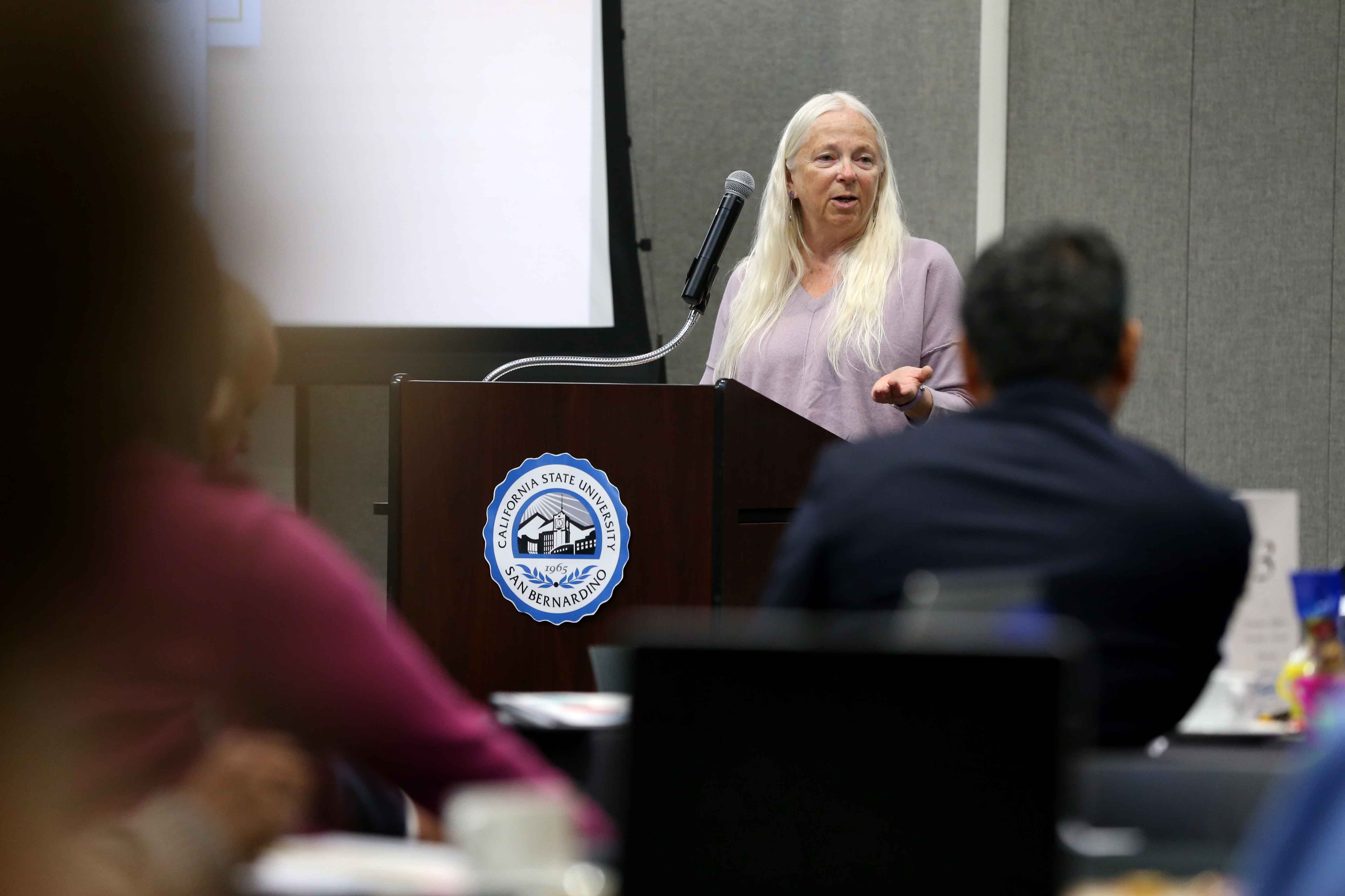 Karen Kolehmainen, a professor of physics and chair of the CSUSB faculty senate, also welcomed the group, reminding faculty members what brought them to the university.