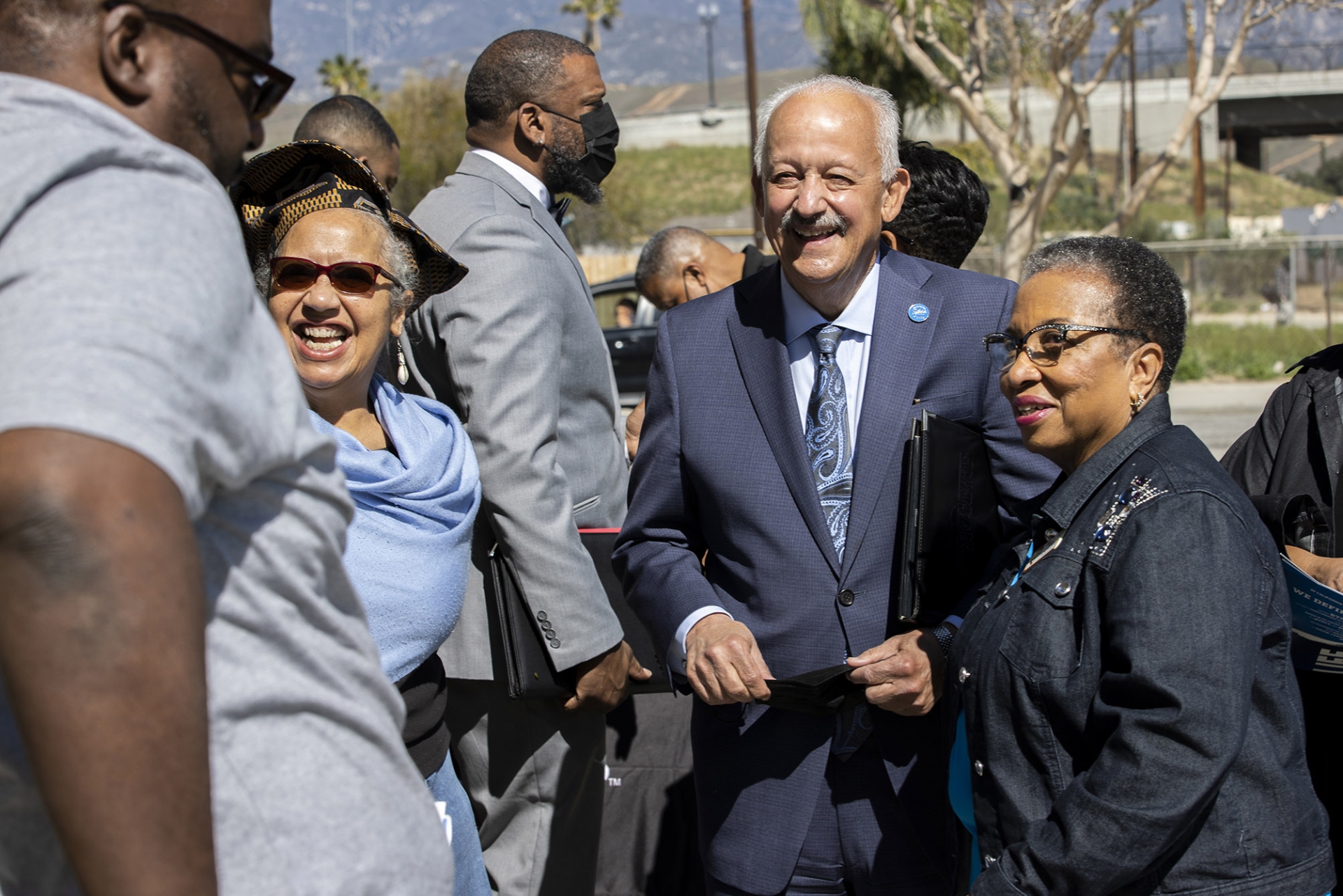 CSUSB President Tomás D. Morales (center) at St. Paul African Methodist Episcopal Church in San Bernardino for the 2022 Super Sunday event. Also pictured (at left) are Kathryn Ervin, CSUSB professor of theatre arts, and Cheryl Brown, and alumna of CSUSB. Morales returns to ST. Paul AME for the 2023 Super Sunday on Feb. 26. 