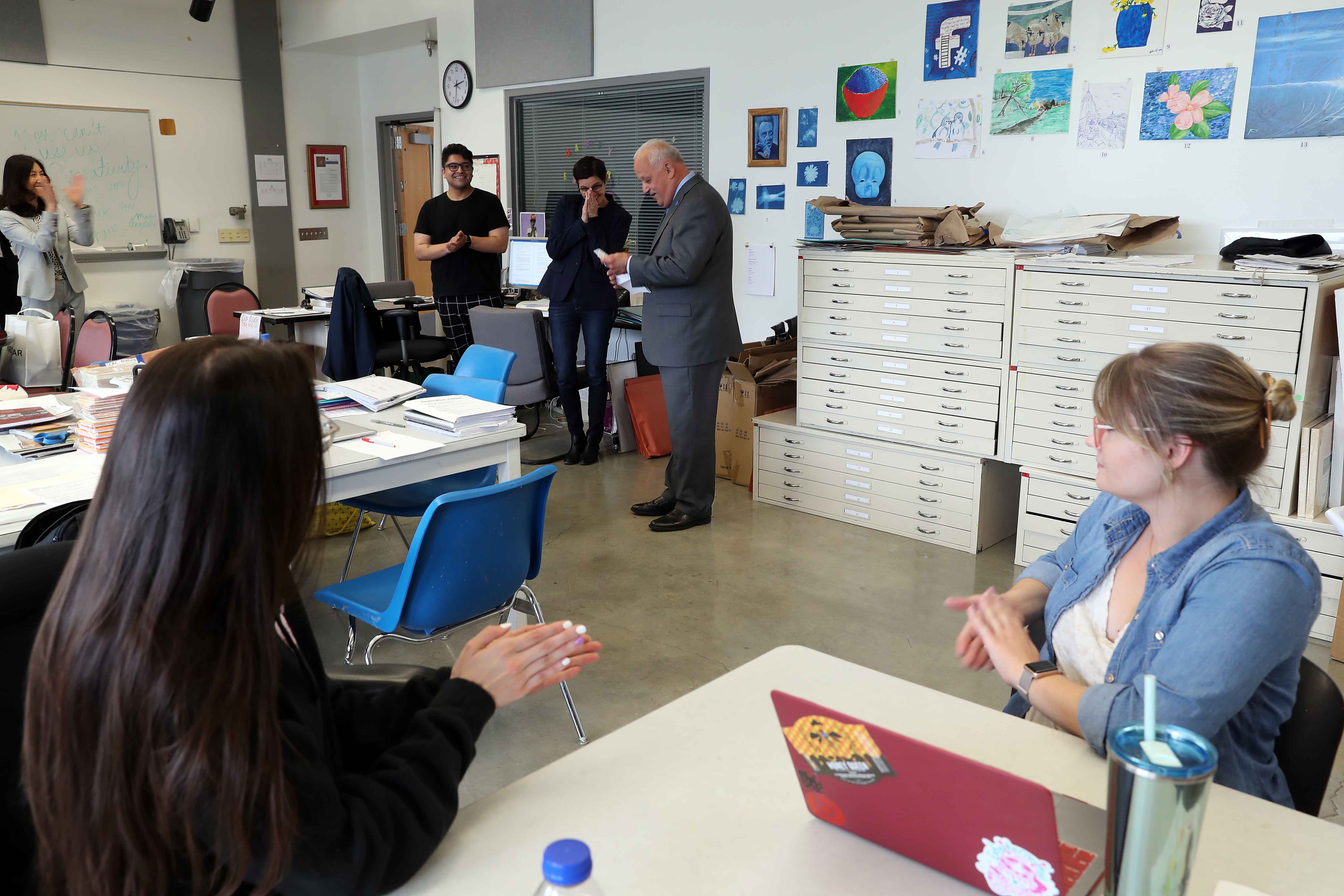 Professor Annie Buckley’s meeting of staff and students in the Prison Arts Collective was interrupted on Wednesday, May 8, by President Tomás D. Morales and CSUSB’s senior leadership, the College of Arts & Letters and her fellow art department colleagues.