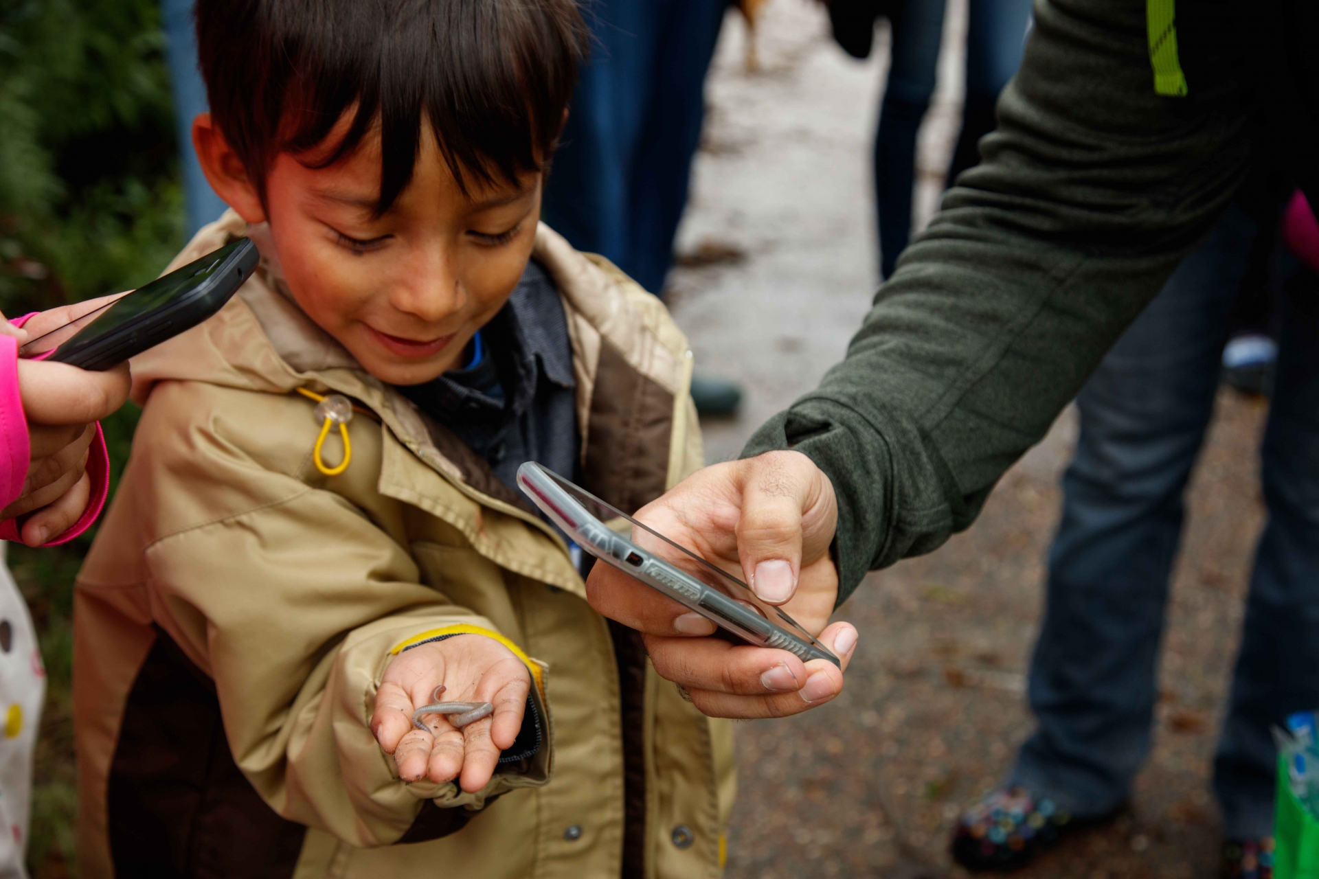 A participant in a Natural History Museum of Los Angeles nature walk at Augustus F. Hawkins Nature Park in South L.A. holds a discovery to submit via iNaturalist. Photo: Courtesy of the Natural History Museum of LA County  