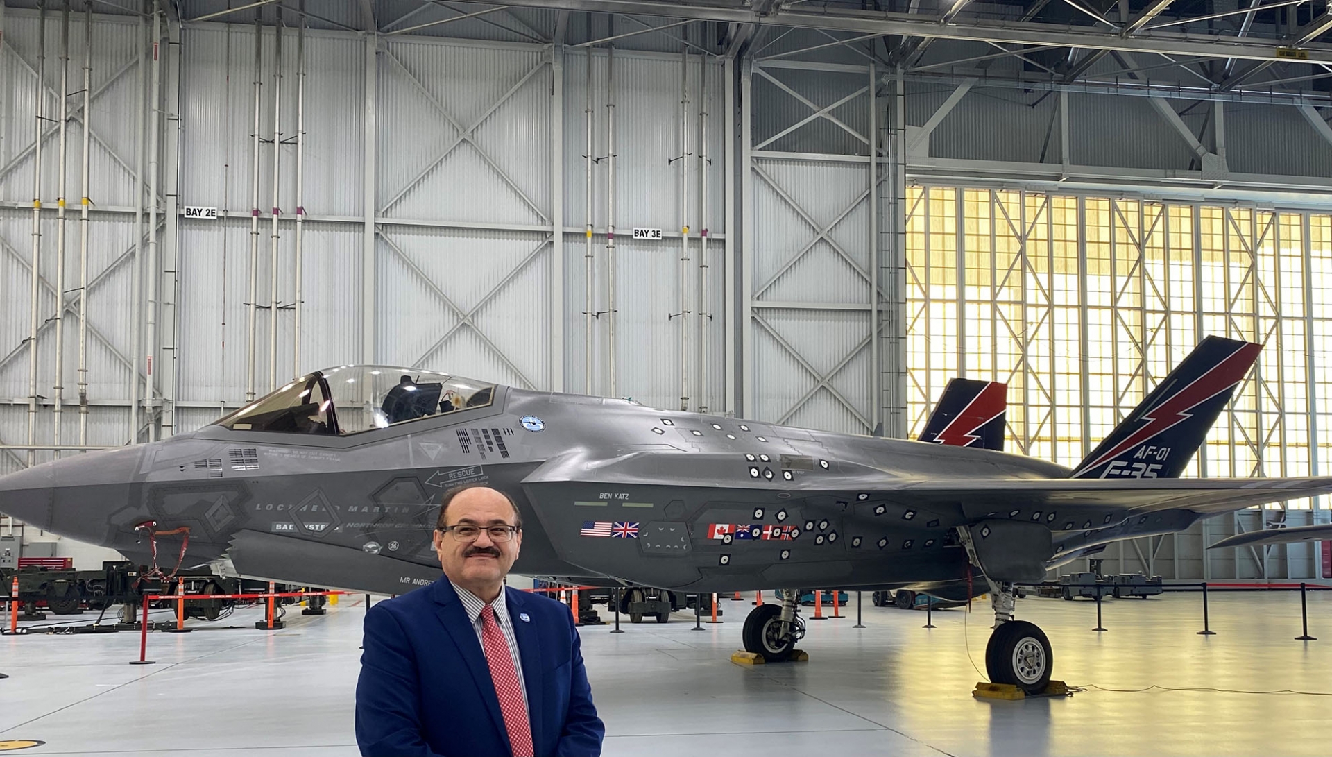 Khalil Dajani, School of Computer Science and Engineering chair and professor, stands in front of an F-35 fighter jet at Edwards Air Force Base as part of the  412 Test Wing and CSUSB Collaboration