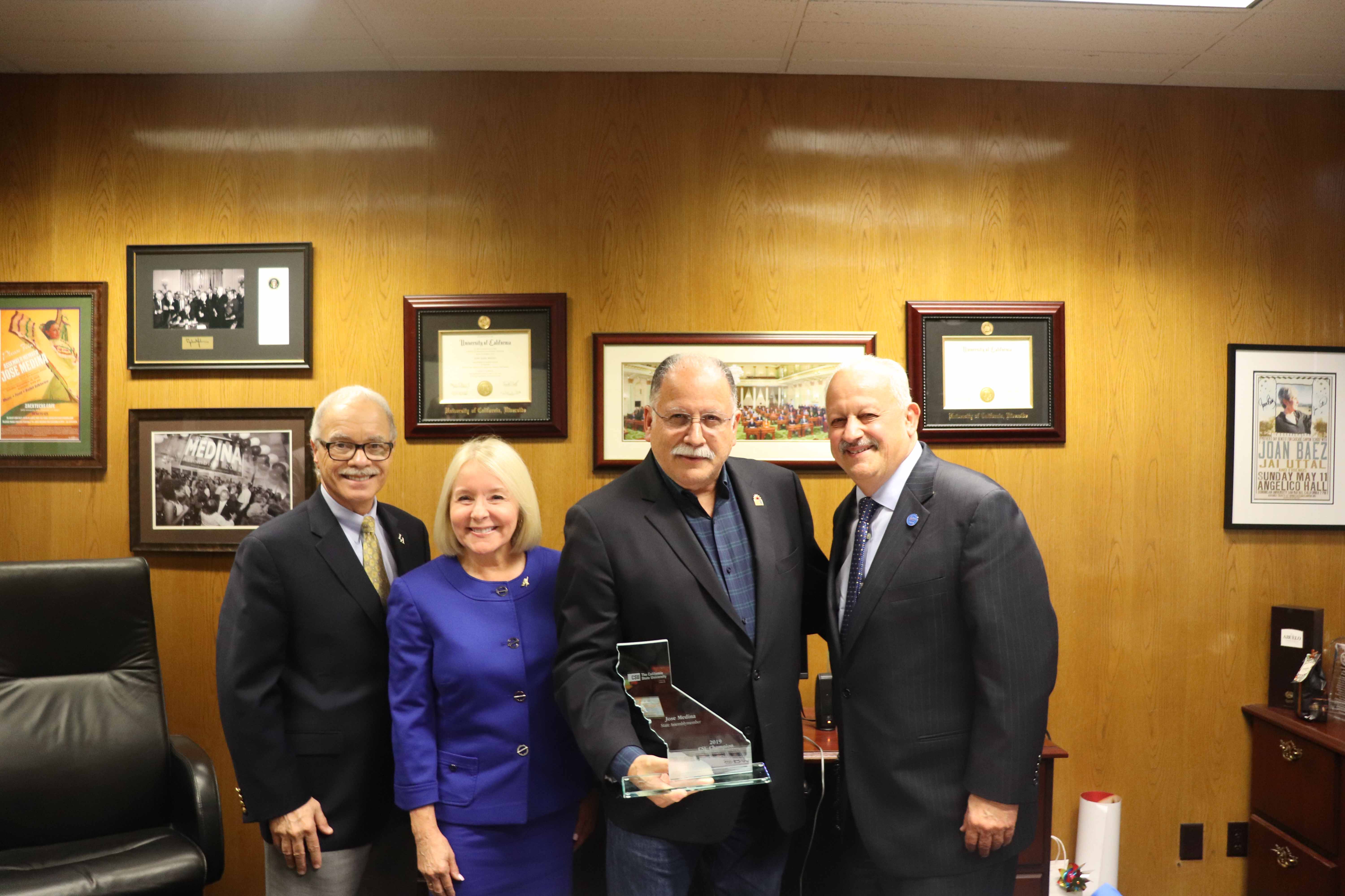 From left: Cal State Los Angeles President William Covino; Cal State Bakersfield President Lynnette Zelezny; Assemblymember Jose Medina; CSUSB President Tomás D. Morales.