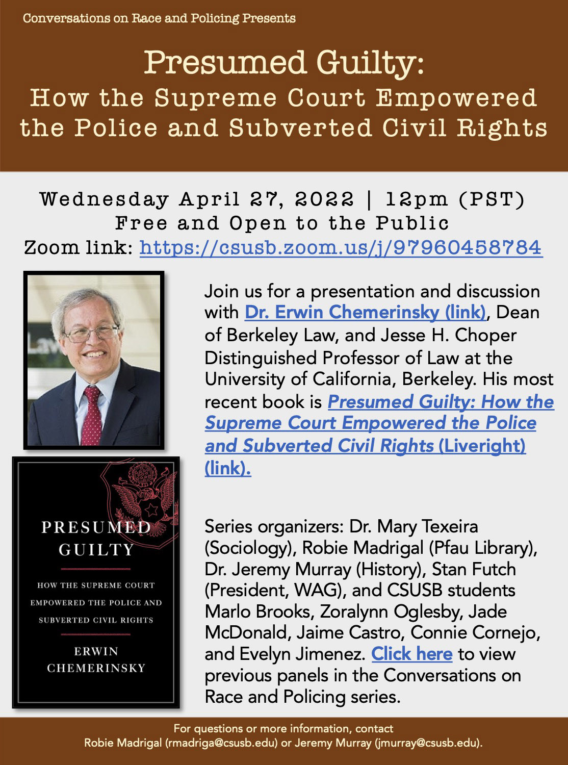 Conversations on Race and Policing April 27 event flyer.