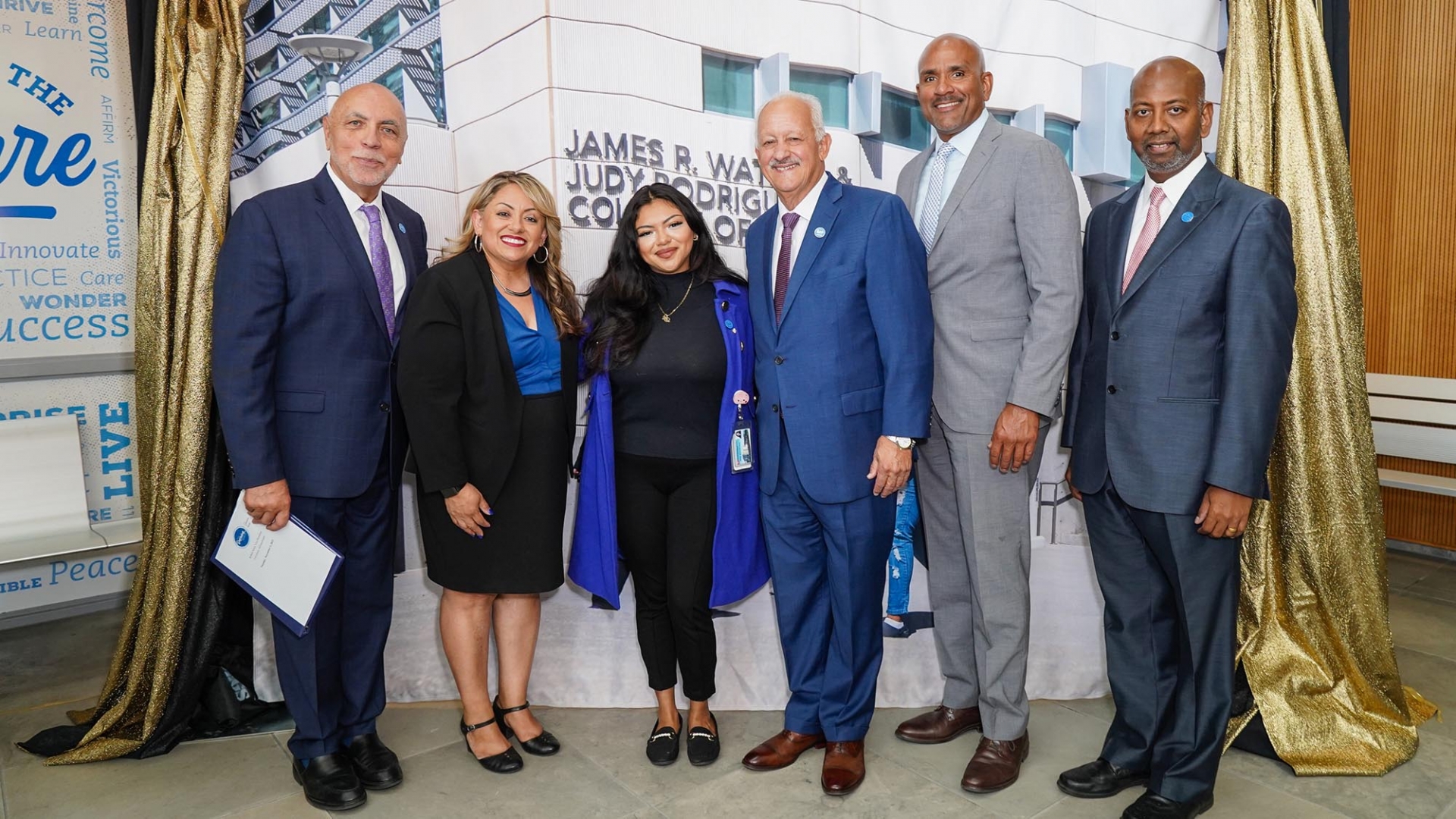From left, Robert Nava, vice president of University Advancement; Paz Olivérez, vice president of Student Affairs; CSU Student Trustee Diana Aguilar-Cruz; CSUSB President Tomás D. Morales; Rafik Mohamed, interim provost and vice president of Academic Affairs; and Samuel Sudhakar, vice president of Information Technology Services and chief information officer.