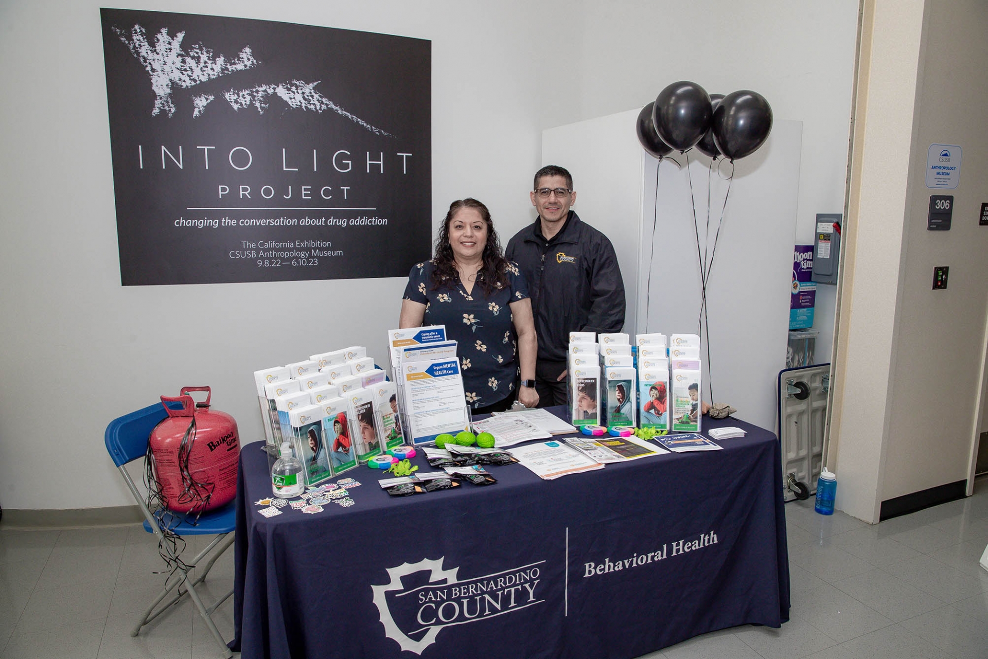 San Bernardino County Social Services staff members Monica Rosas (left) and Daniel Mendez met with students, staff and faculty in CSUSB’s Anthropology Museum during Black Balloon Day, an event during the spring semester that brought awareness to the dangers of drug overdoses and substance use disorder.