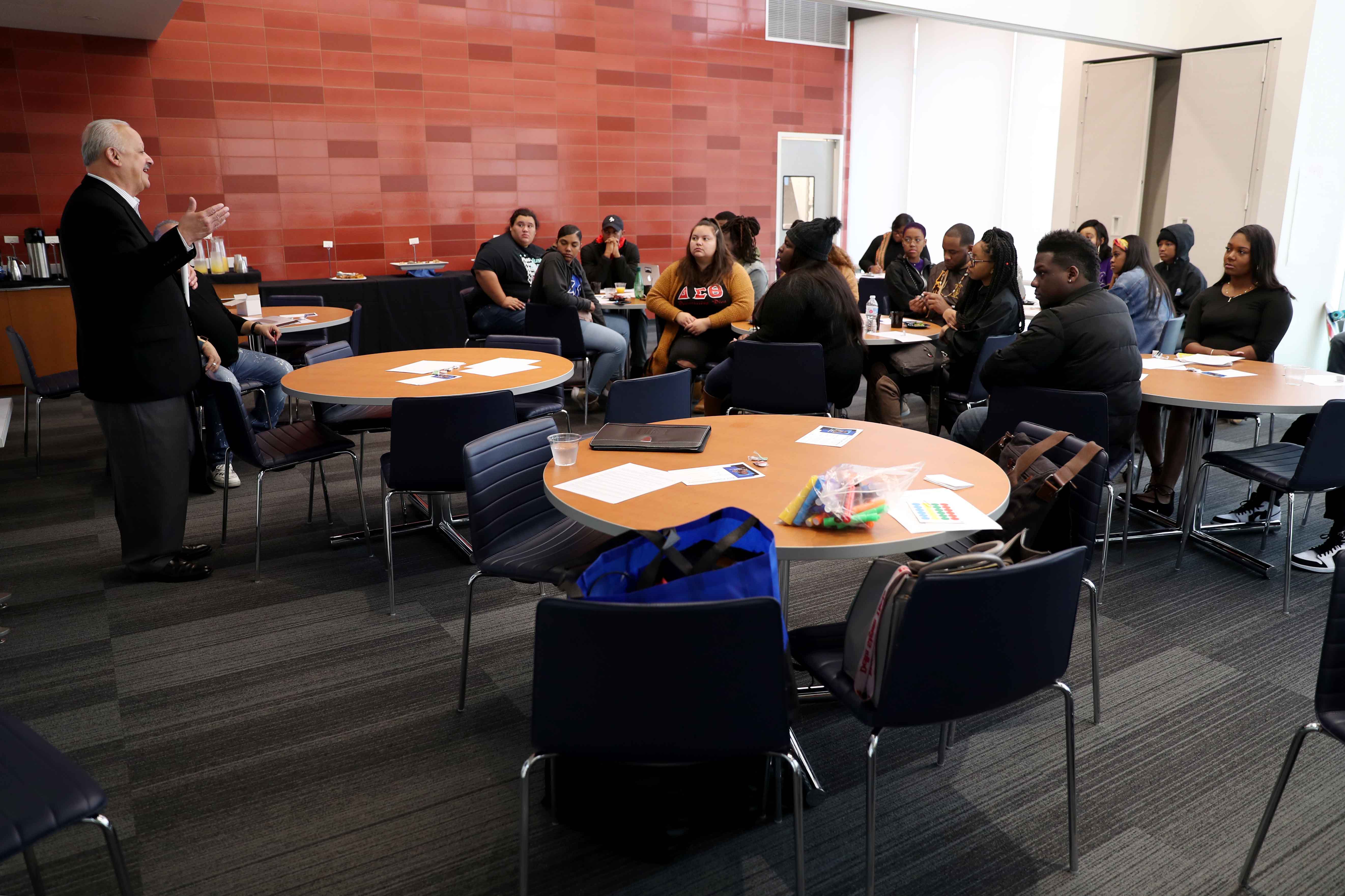 CSUSB President Tomás D. Morales addresses student leaders at The Movement Executive Retreat.