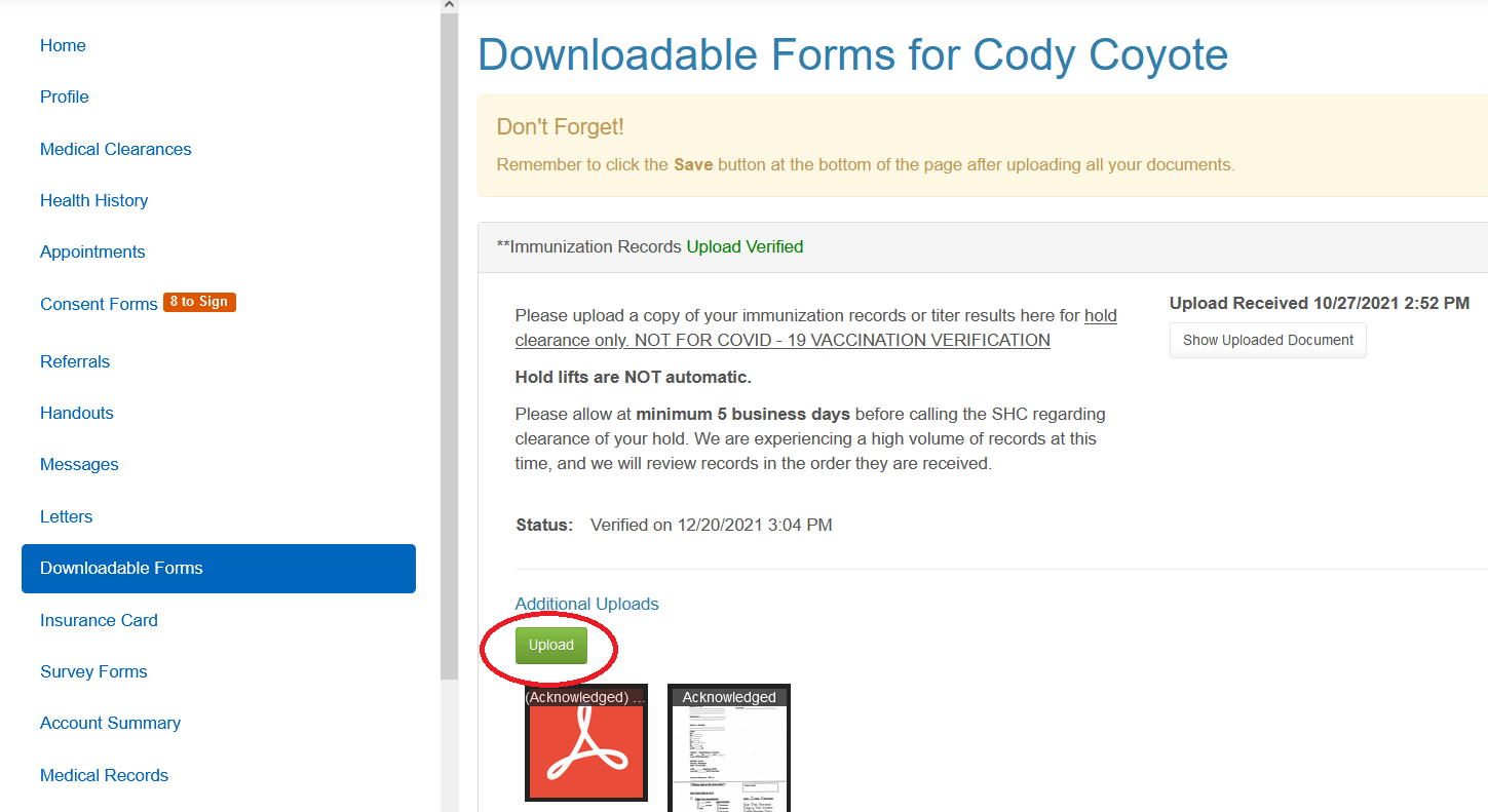 Downloadable Forms Tab Screenshot, with "upload" button circled in red. 