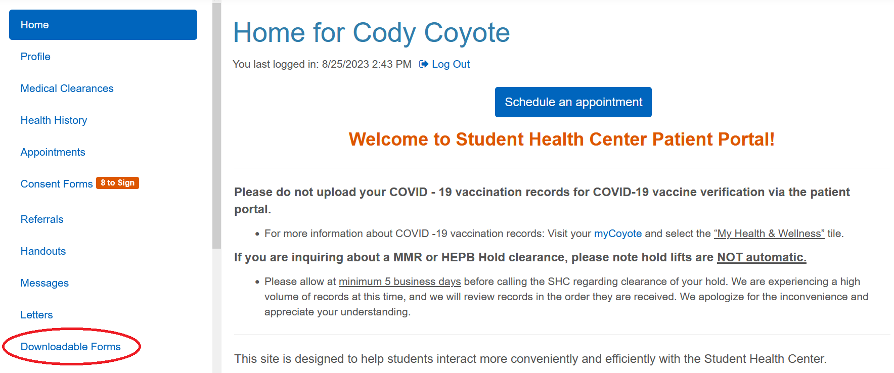 Patient Portal home screen screenshot, with downloadable forms tab circled in red on the bottom left column.