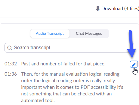 The transcript in a recording with the edit button emphasized.