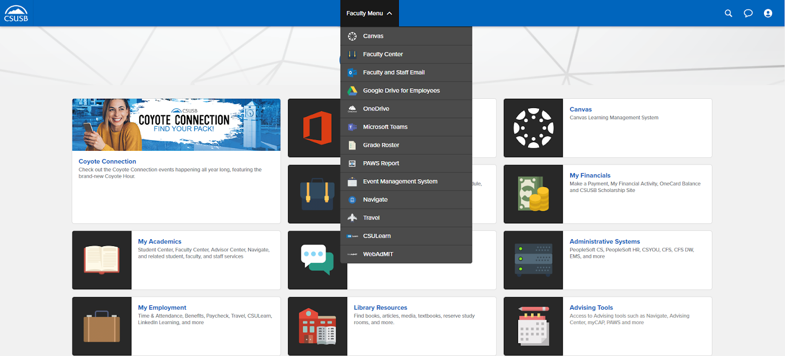 new myCoyote menu for faculty