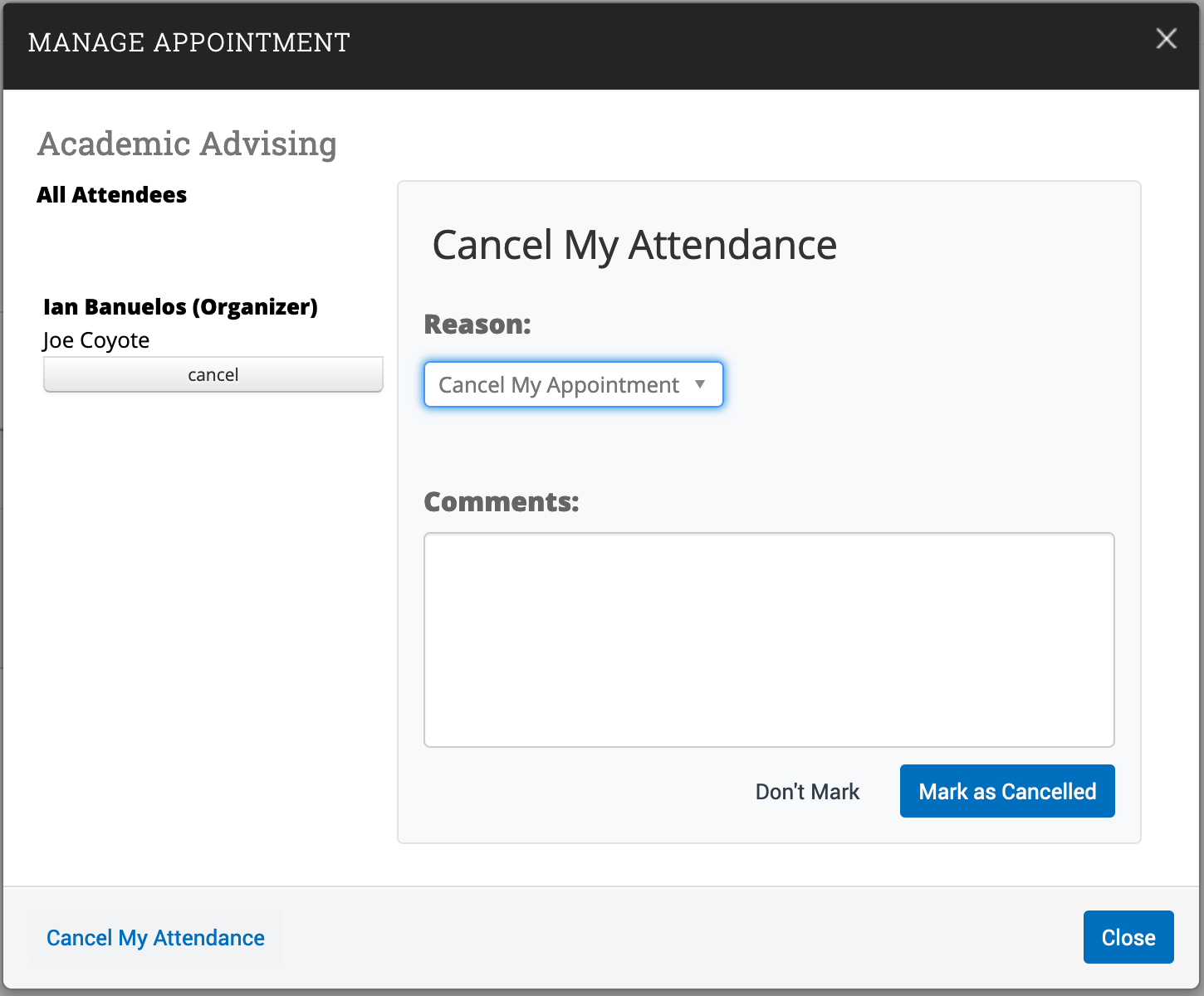 screenshot of updated Manage Appointment window