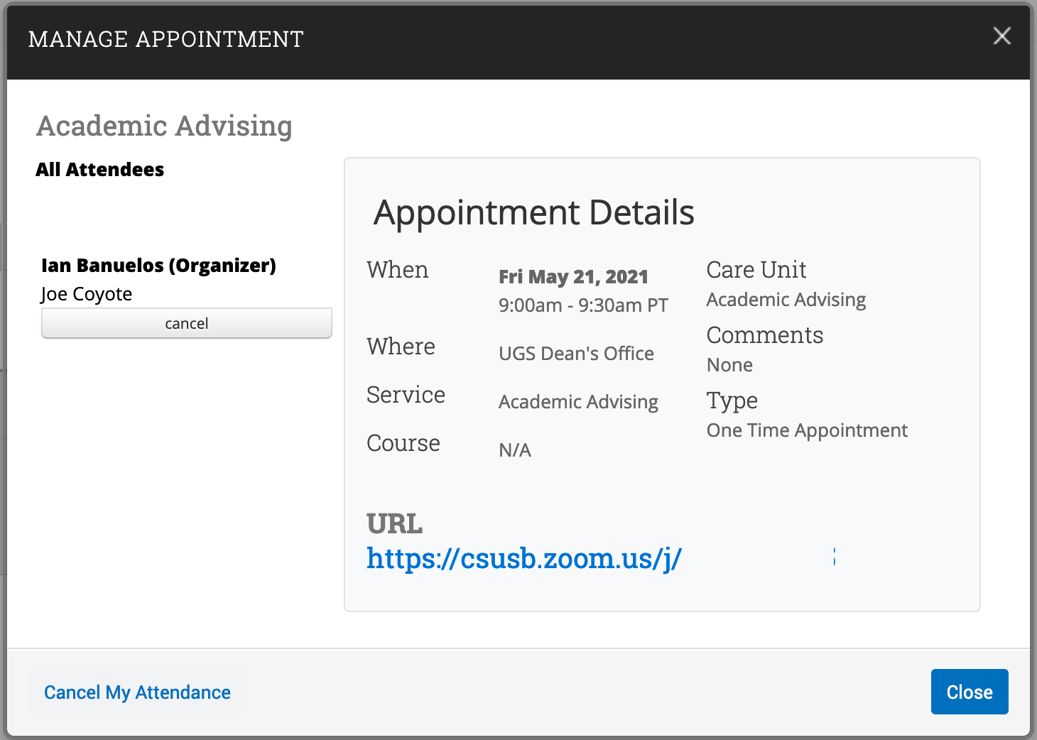 screenshot of management appointment window